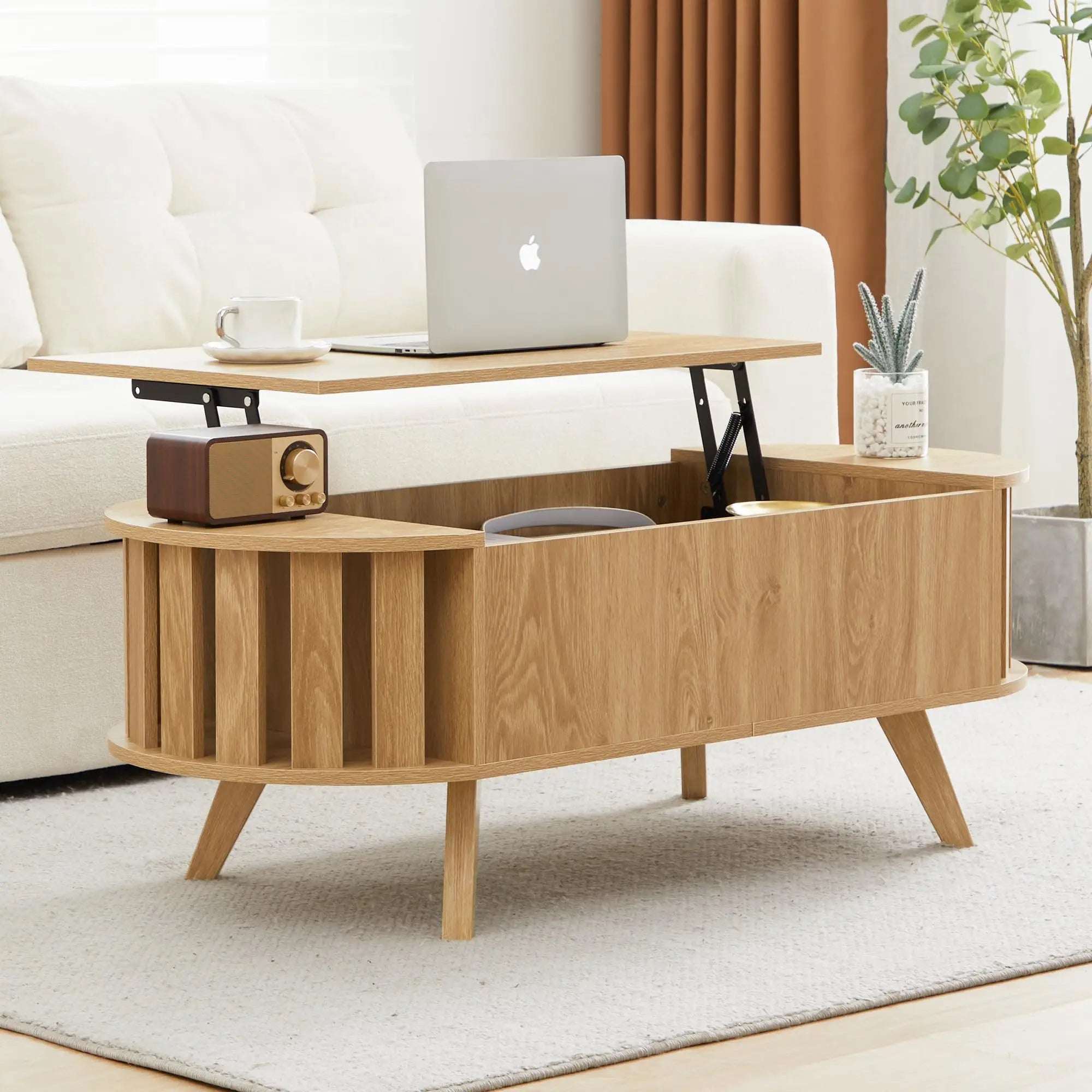 Wooden lift-top coffee table with hidden storage, 47.24-inch oval lift-top surface, low-profile