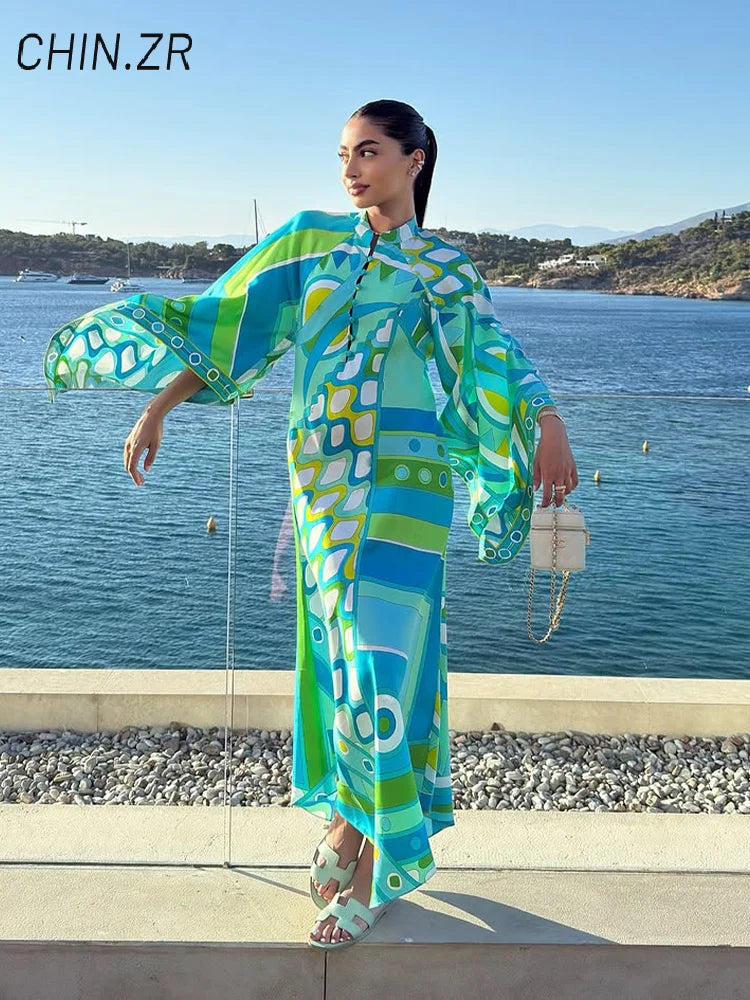 Fashion Geometric Printed Dress For Women Stand Neck Wide Sleeve Buttons Vacation Dresses 2026 Summer Lady Loose Beach Robe