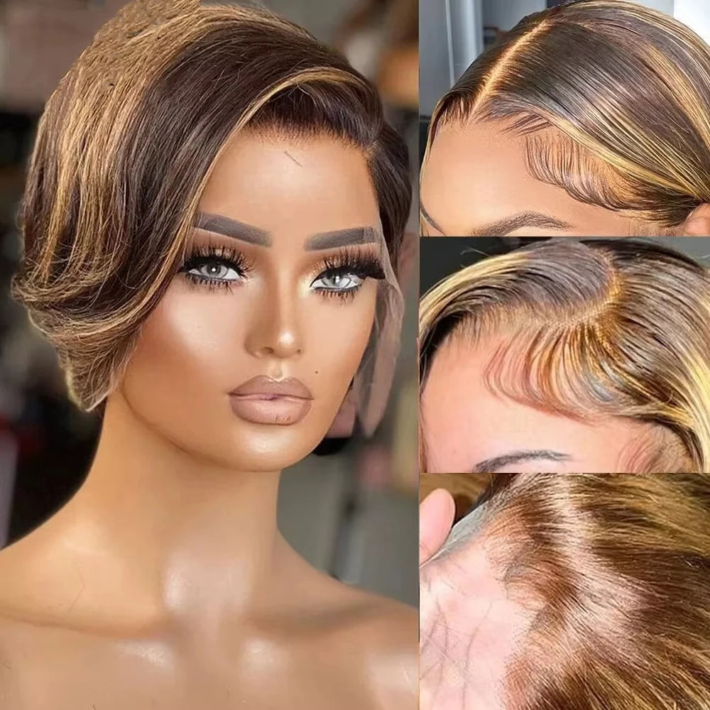 Highlight Pixie Cut Straight Wigs Transparent Lace Front Human Hair Wigs Short Bob Hair Wig Virgin Raw 100% Human Hair P4/27 Color Preplucked Hairline 13x4 Lace Frontal Hair Wig For Black Women Can Styled Free Part