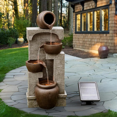 Cascading Bowls and Stacked Stone LED Outdoor Water Fountain
