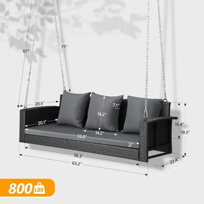Heavy Duty 800 LBS Wicker Hanging Porch Swing with Cushions & Chains, 5FT