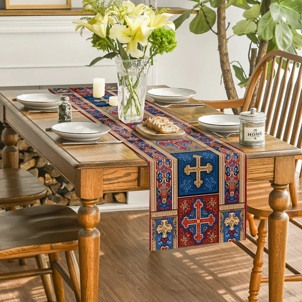 1pc Medieval Christian Cross Table Runner Vintage Religious Church Altar Table Decor for Home Dining Party
