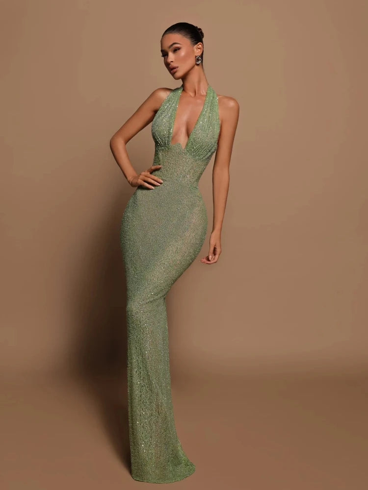 Green Sleeveless Backless Sequined Slim  Halter Deep V Neck Long Bodycon Dress