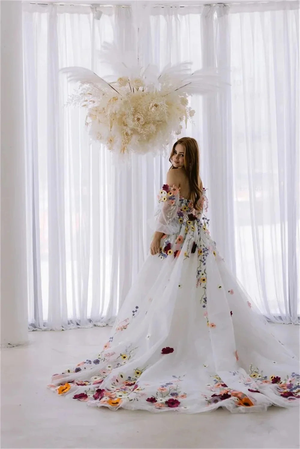 Flower Puff Sleeves Dress Embroidery Floral Tulle Wedding Gown