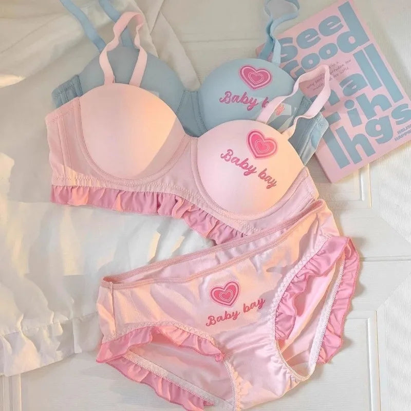 Lolita Inspired Lingerie Set for Small Chest, Wireless Push Up Bralette to Enhance Curves, Sweet Barbie Style Bra & Tushy Panty