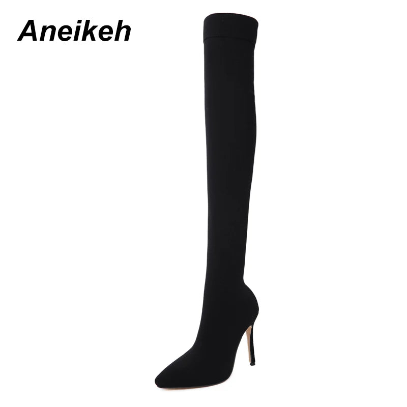 Pointed Toe Over-the-Knee Heel Thigh High Stretch Sock Boots