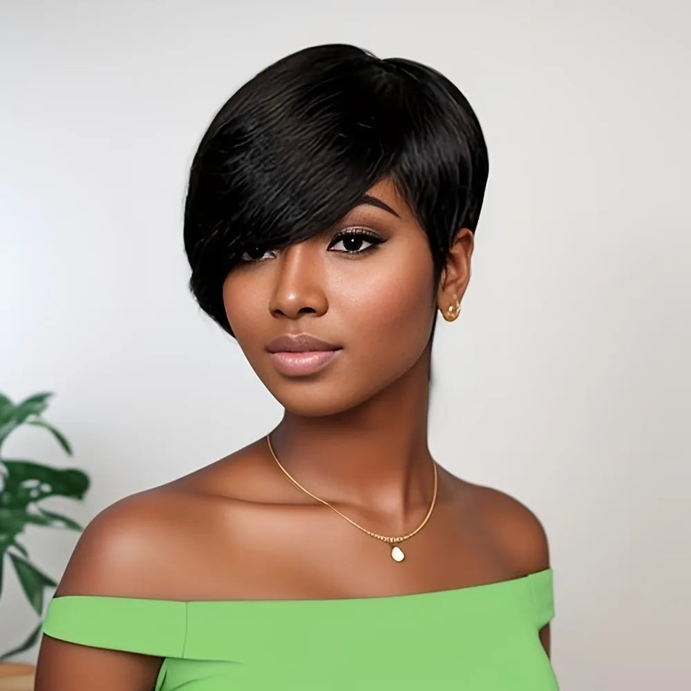Brazilian Remy Human Hair Wig 8 Inch Short Pixie Cut with Bangs 180% Density Straight Machine Made Rose Net Cap for Women