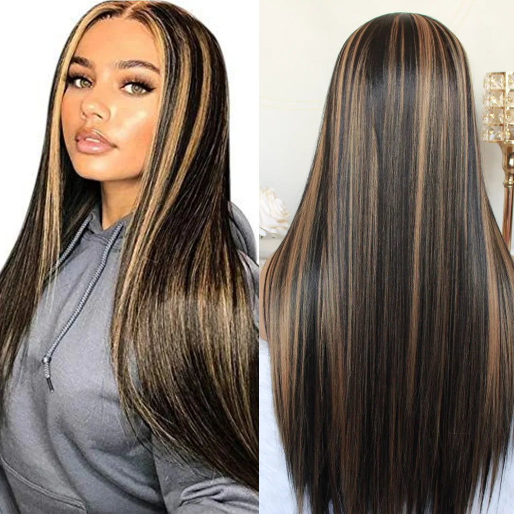 Highlight Honey Blonde Straight Synthetic Lace Front Wig for Women 1B 27 Colored Transparent Lace Wig Heat Resistant Fiber Wig