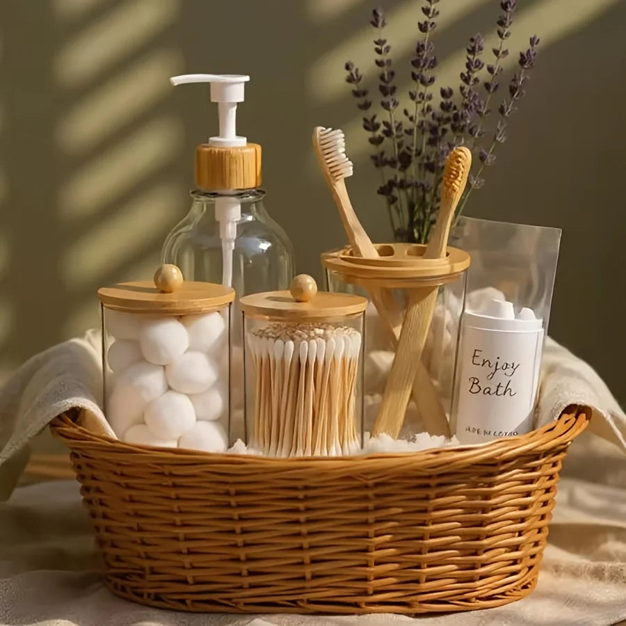 Boho Bathroom Accessories Sets Complete Bathroom Canister Accessory Set 4 Pcs, Clear Bath Soap Dispenser and Toothbrush Holder