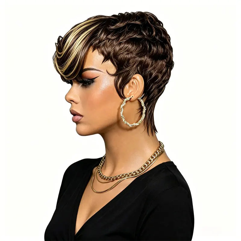 Pixie Cut Short Human Hair Wig 613 Brown & Blonde Ombre Full Machine Made Wig Fashion Style Perfect For Women Party Daily Use