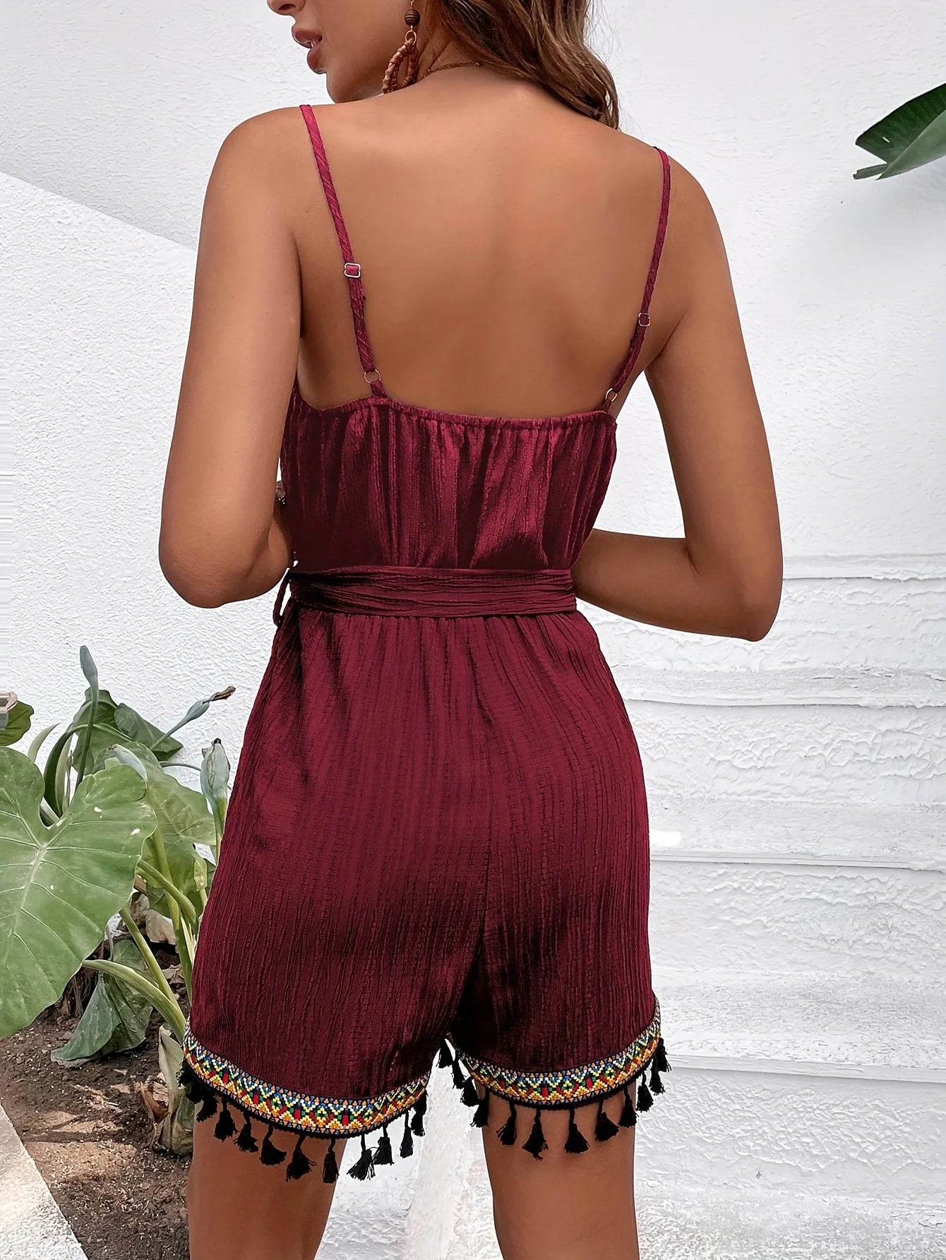 Ethnic Colorful Tassel Trim Texture Pure Color Strap Jumpsuit And Belt Short Pants One-Piece Suit with National Style Details