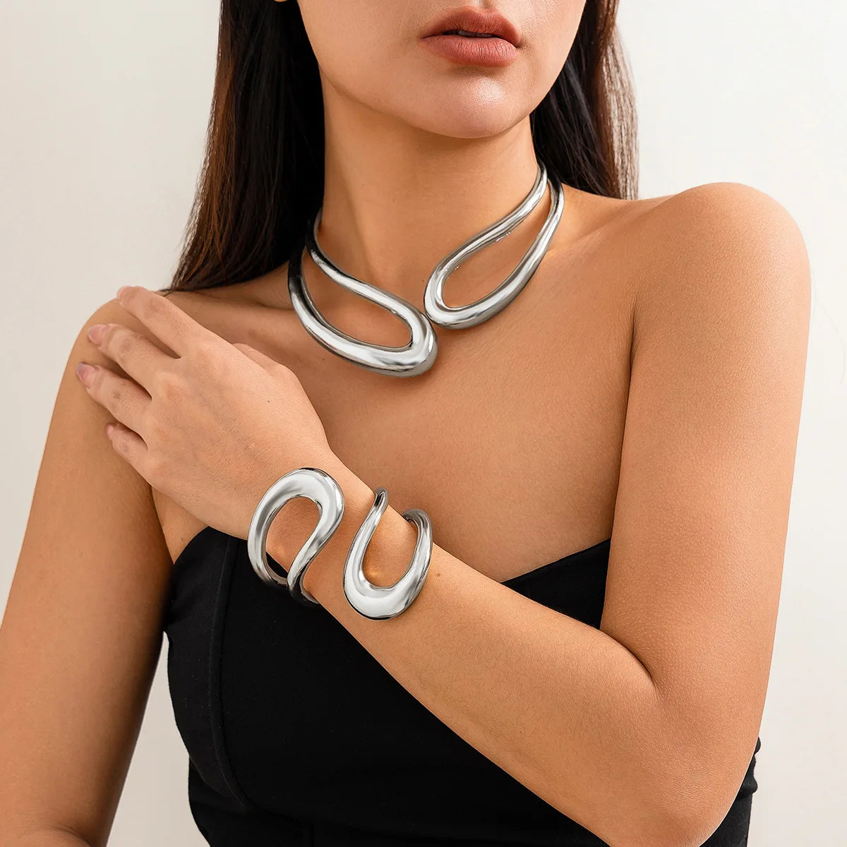 Exaggerated Metal Hollow Geometric Adjustable Open Necklace and Bracelet Set