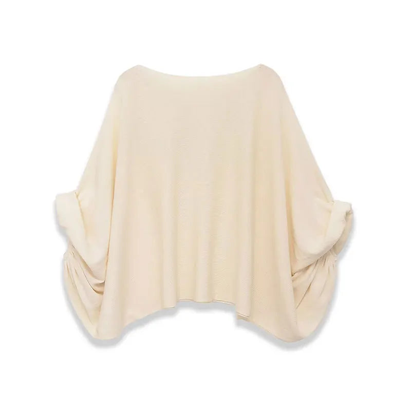 TFAFXY 2026 Spring Casual Women Knit Solid Long Sleeve Chic Beige Bat Sleeve Loose Fashion Sweater