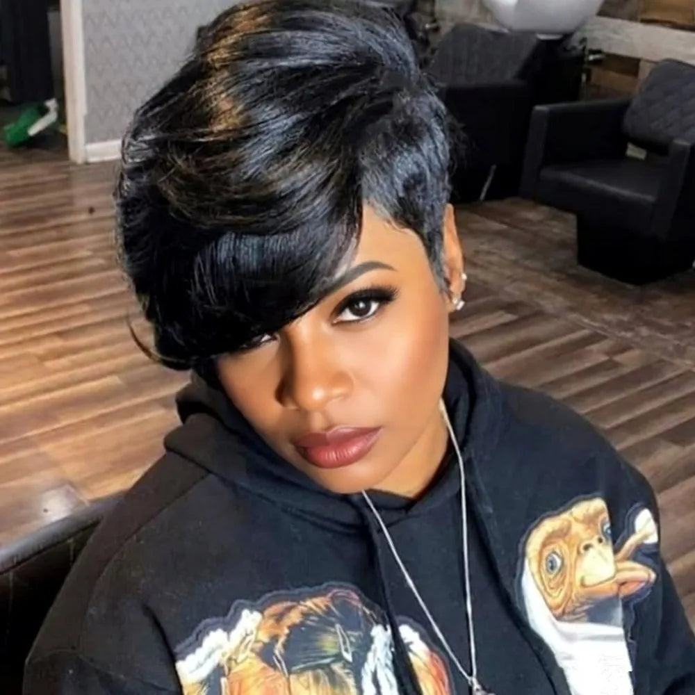 pixie wig black color for women  short human hair wig daily party use wig pixie cut wig straight machine made