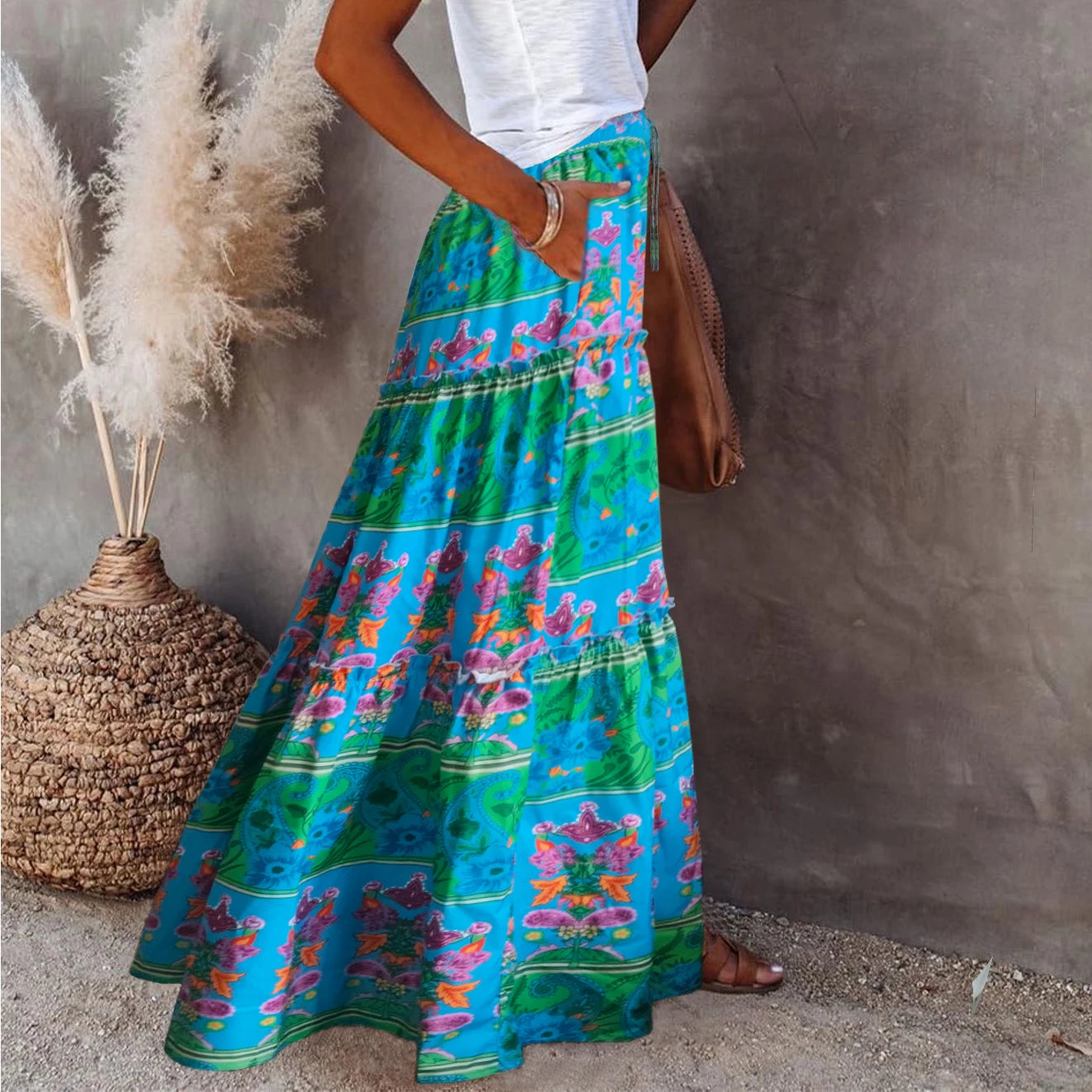 Women's Boho Floral Print Midi Skirt High-Waisted A-Line Pleated Long Dress