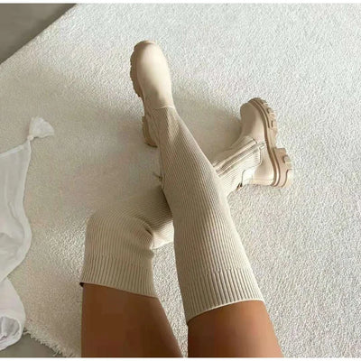 Breathable Knitt Sock Style Thigh High Boots Stretch Round Toe Shoes