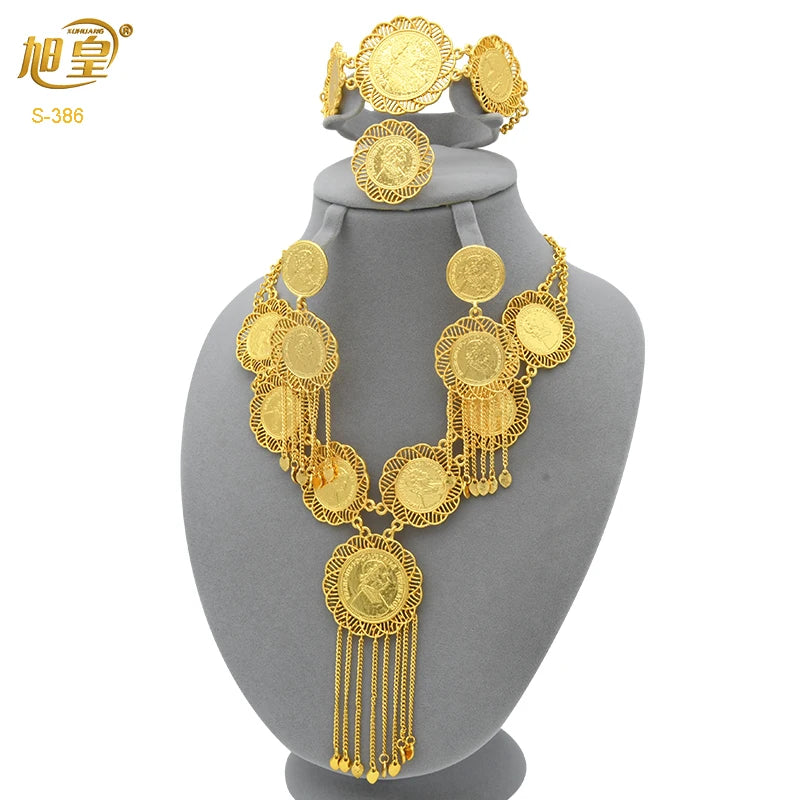 XUHUANG Luxury Coin Tassel Pendant Necklace Jewlery Set Nigerian Indian Women Bridal Wedding Party Gold Plated Jewellery Gifts