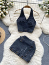 SINGREINY Trend High Street Denim Suits Backless Sleeveles Halter Y2K Top+ Zipper Pleated Mini Skirt Hollow Out Two Pieces Sets