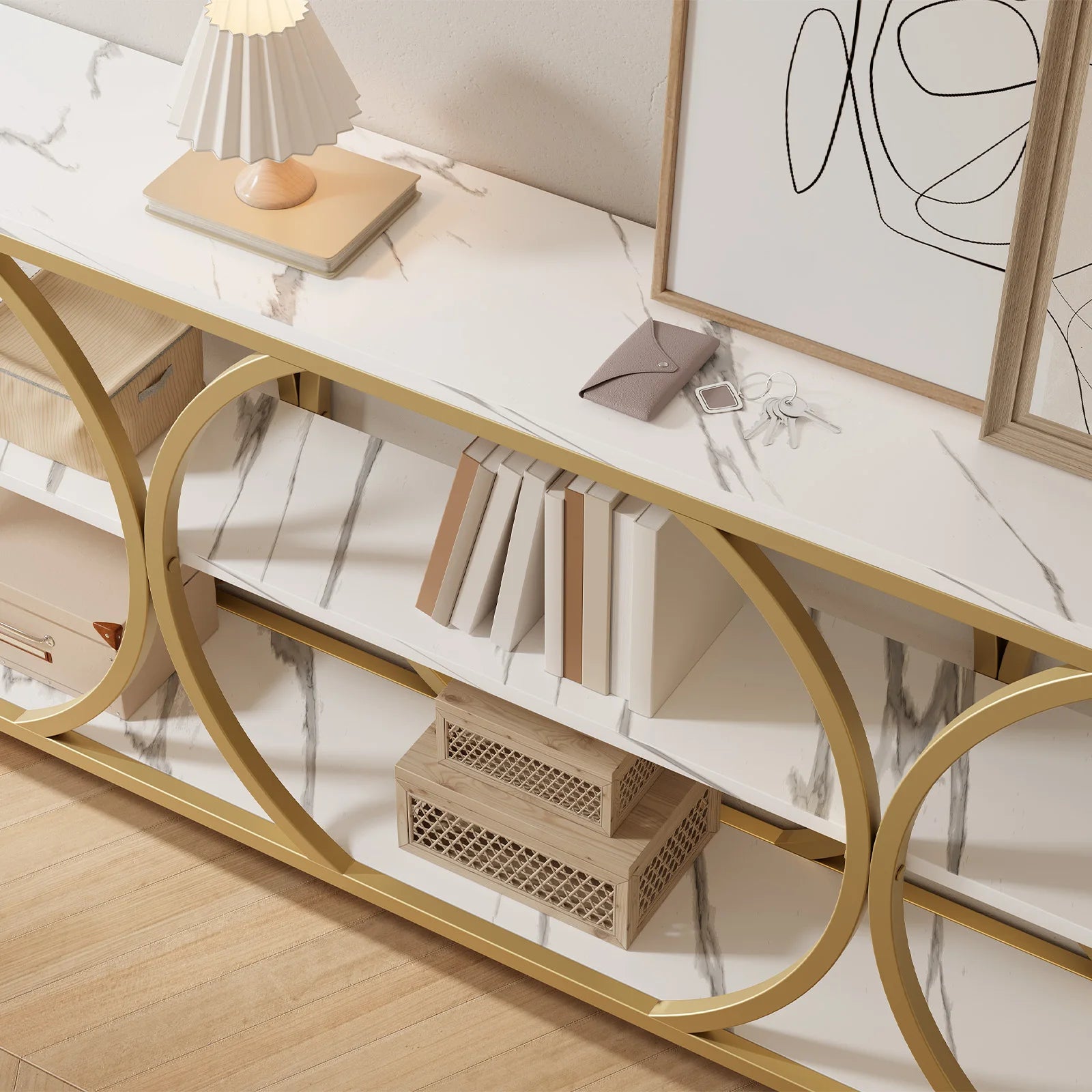 Modern Extra Long Entryway Table with 3-Tier Storage Shelves