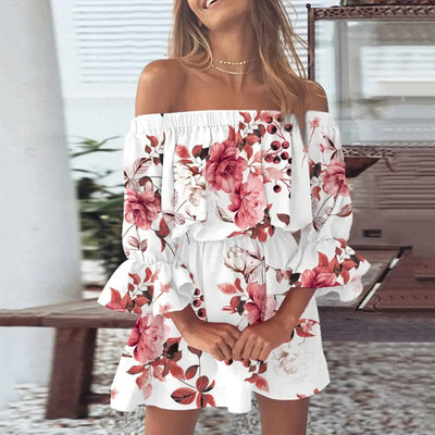 Boho Off-Shoulder Floral Print Flare Sleeve Tunic Dress