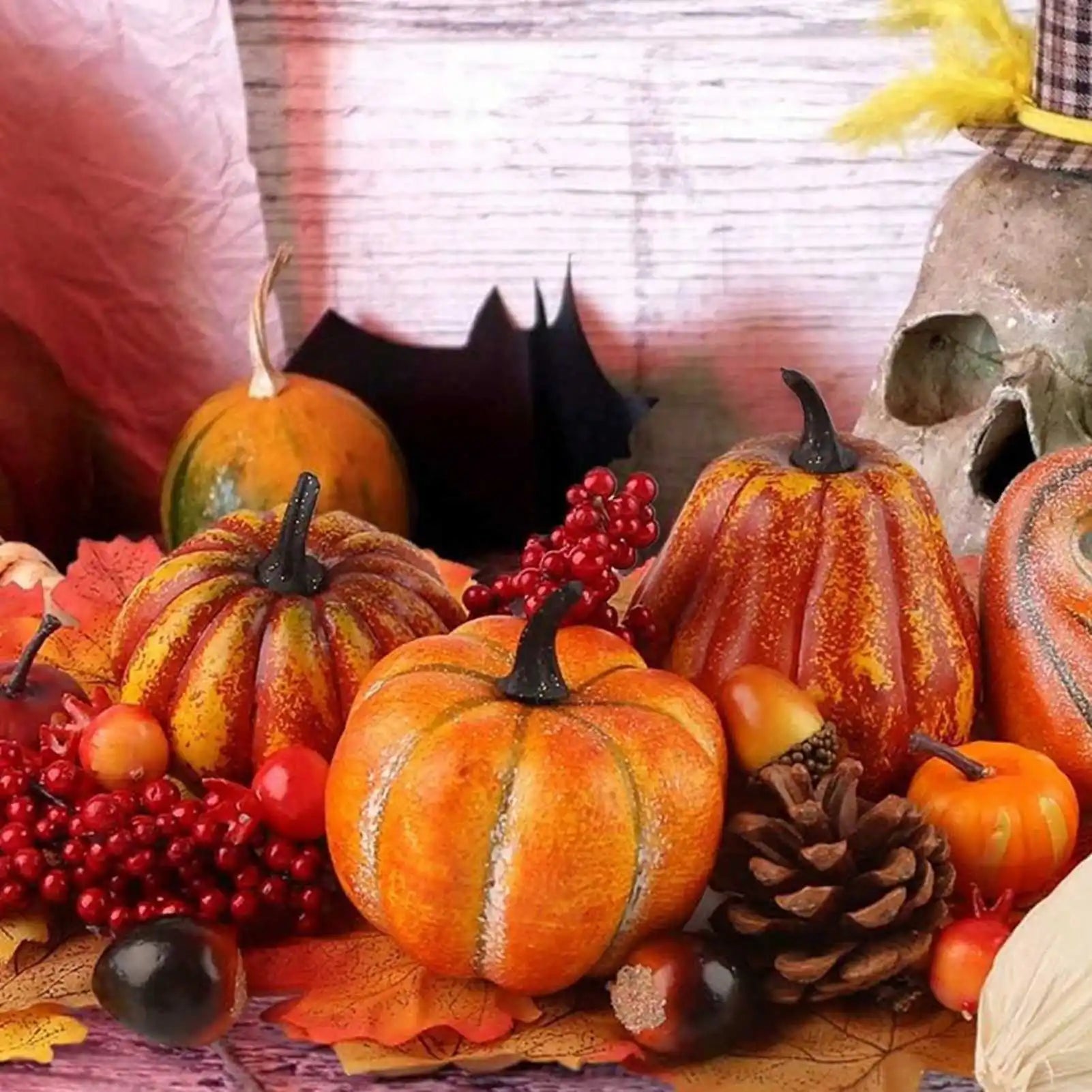 49-Pcs Fall Lifelike Artificial Pumpkin Pine Cones, Hazelnuts, Corn, Red Berries, Maple Leaves Decoration