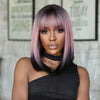 Purple / Pink Ombre Black Short Straight Synthetic Bob with Bangs Wig -  Heat Resistant