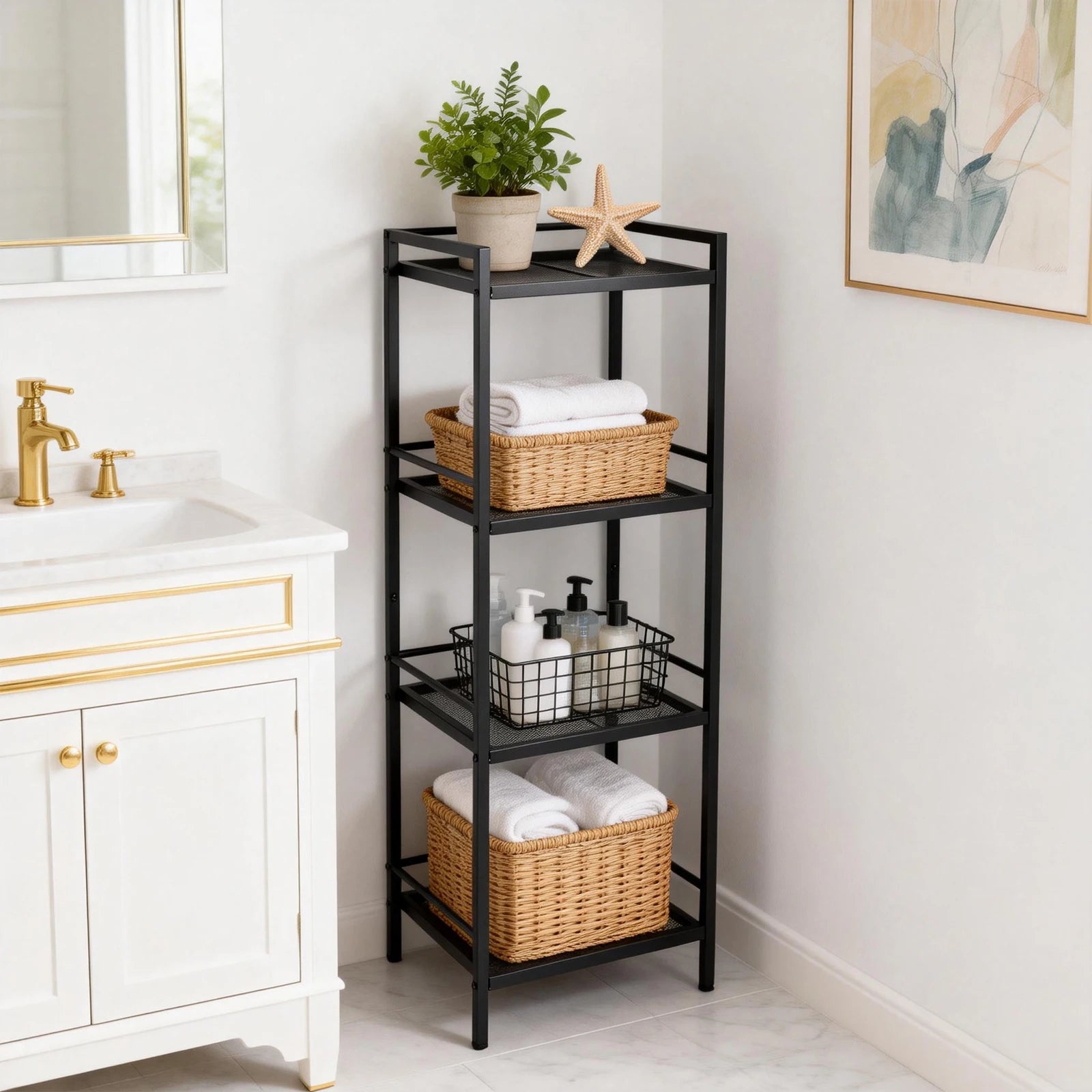 Bathroom Storage Shelving Unit Carbon Steel Display Plant Stand, Corner Rack Shelving for Laundry Bathroom Kitchen Organization