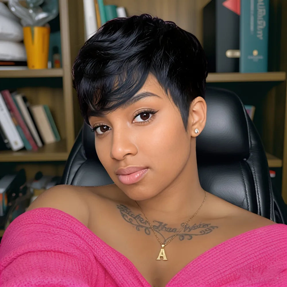 short curly human hair wig machine made 150% density 6inch balck color for women pixie cut human hair wig