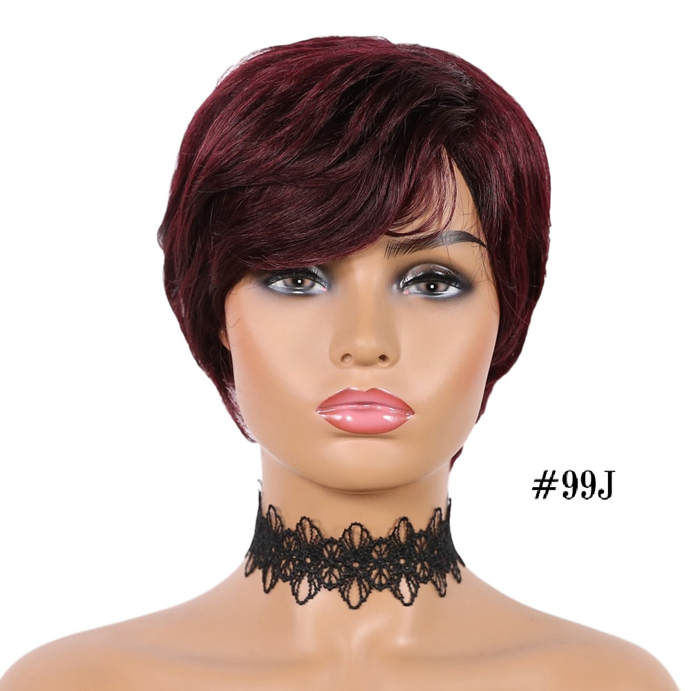 Short Razor Cut Wavy Bob Pixie Non-Lace Front Human Hair Wigs With Bangs Remy Brazilian