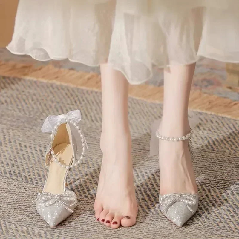 Elegant Ladies Inmitation Pearls Ankle Strap Pump High Heel Shoes for Wedding Silk Back Bowtie Shoes Woman Spring
