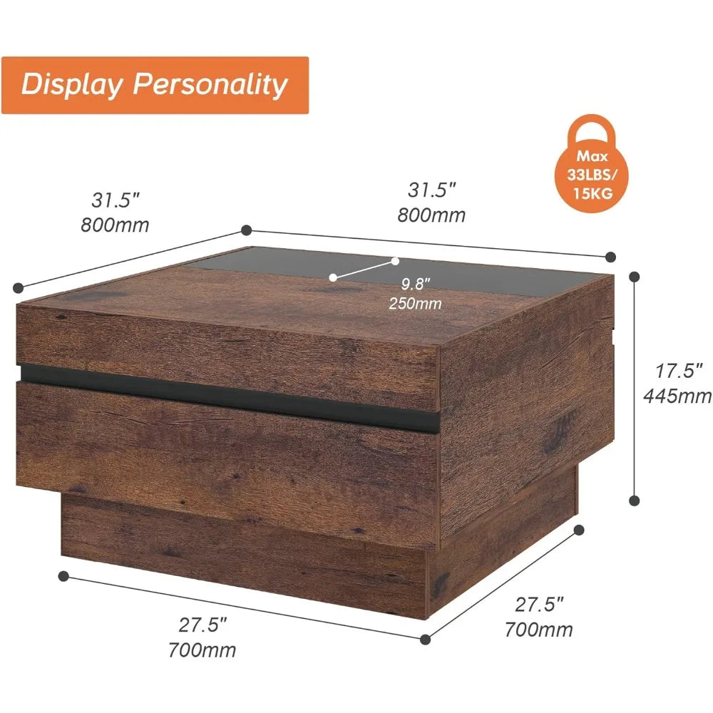 Modern Square Coffee Table with Tempered Glass Top and Two Large Storage Drawers