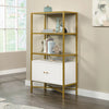 Curiod Gold Metal Bookcase with 3 Glass Shelves and Storage, White Finish