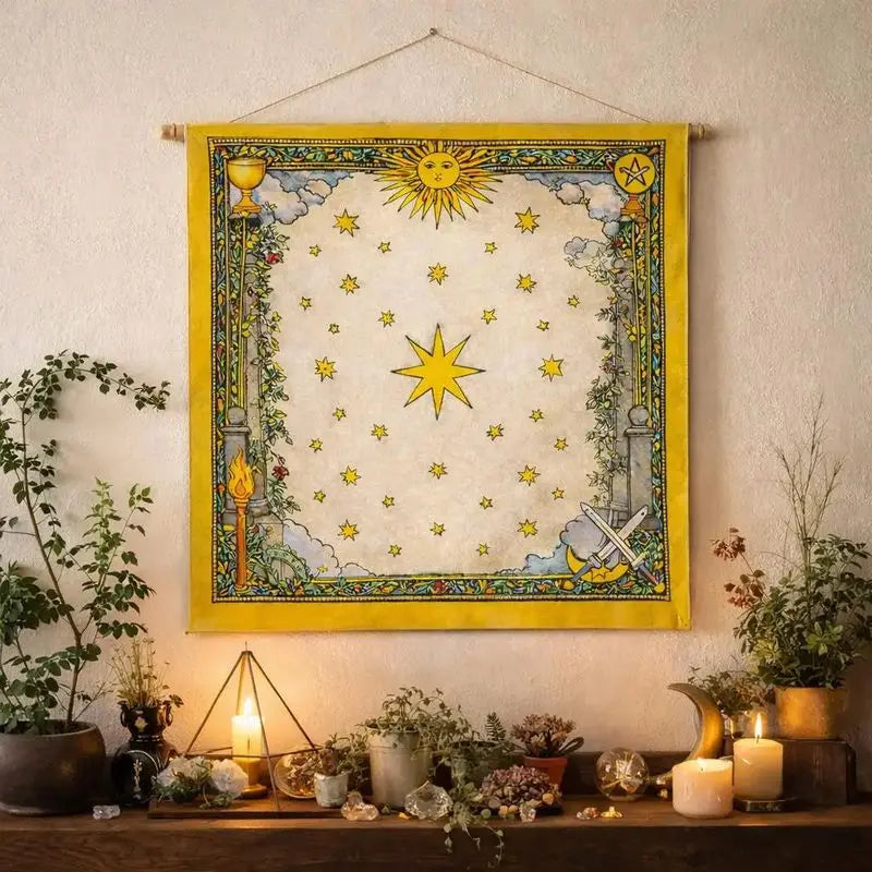 Tarot Altar Cloth Vintage Tarot Card Style Sun Star Cup Sword Wiccan Divination Mat for Witchcraft Spiritual Ritual Home Decor