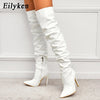 Eilyken Over The Knee Boots High Heels Patent Leather Solid Pointed Toe Stiletto Side Zipper