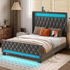 Bed Frame with LED Light and Charging Station, Upholstered High Headboard and Footboard, Full Bed Frame