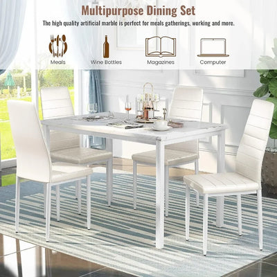 5-Piece Dining Table Set, Faux Marble Table with Upholstered Leather Chairs