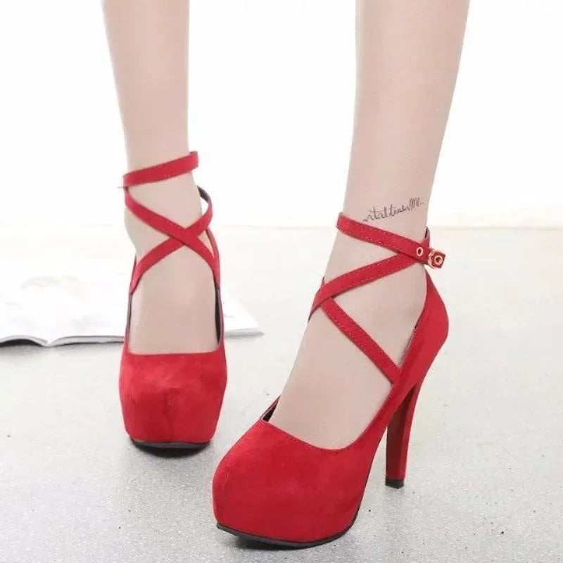 12CM High Heels Women 2024 New Round Toe Platform Women's Pumps Buckle Strap Sexy Stiletto High Women Shoes Zapatos De Mujer