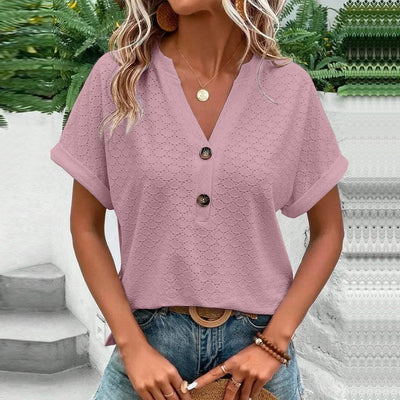 2023 New Fashion Women Blouses Casual Jacquard Button V-Neck Solid Loose Shirts Summer Short Sleeve Oversized Tops Female