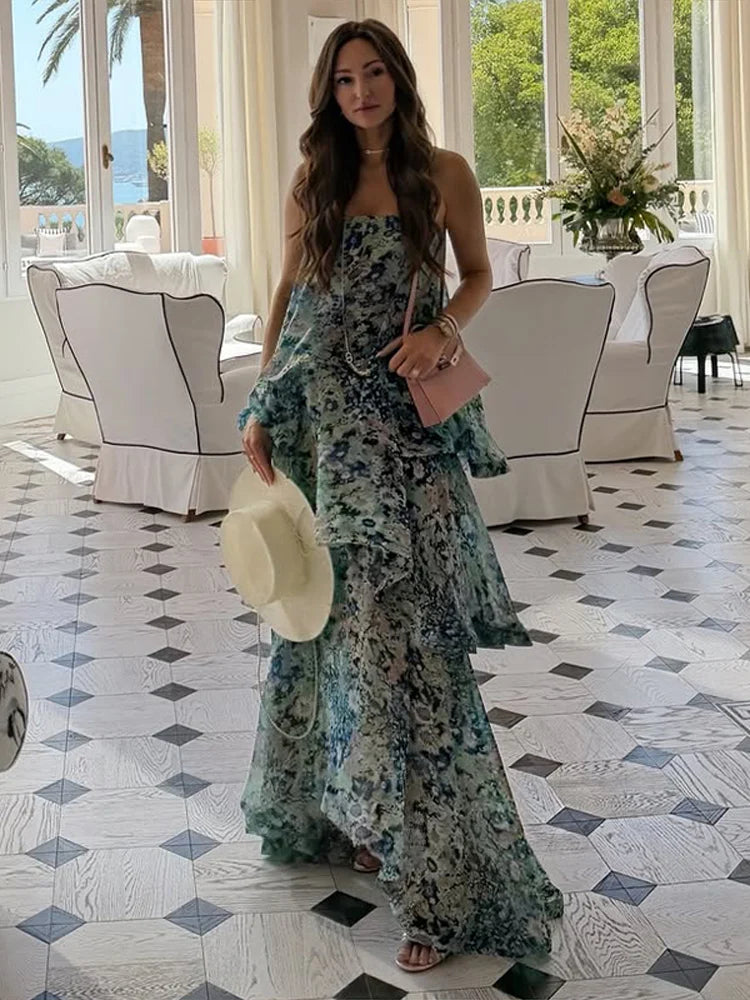 Urban Cascading Ruffle Print Women Long Dress Sexy Backless Sleeveless Slash Neck Female Dresses 2026 Summer Beach Lady Robe