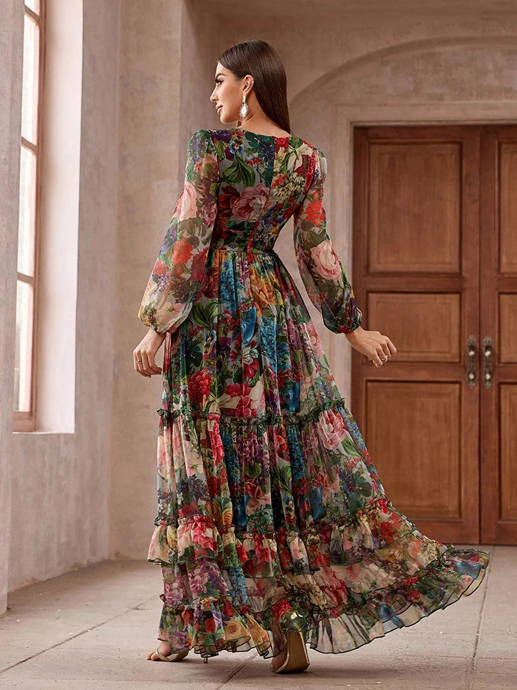 TOLEEN 2024 New Casual Elegant Boho Dress Vintage Floral Print Long Sleeve Frill Trim Summer Maxi Dress