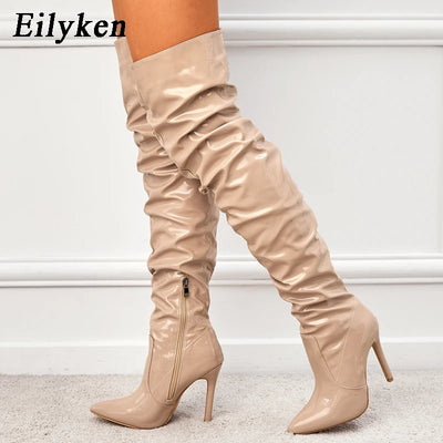 Eilyken Over The Knee Boots High Heels Patent Leather Solid Pointed Toe Stiletto Side Zipper