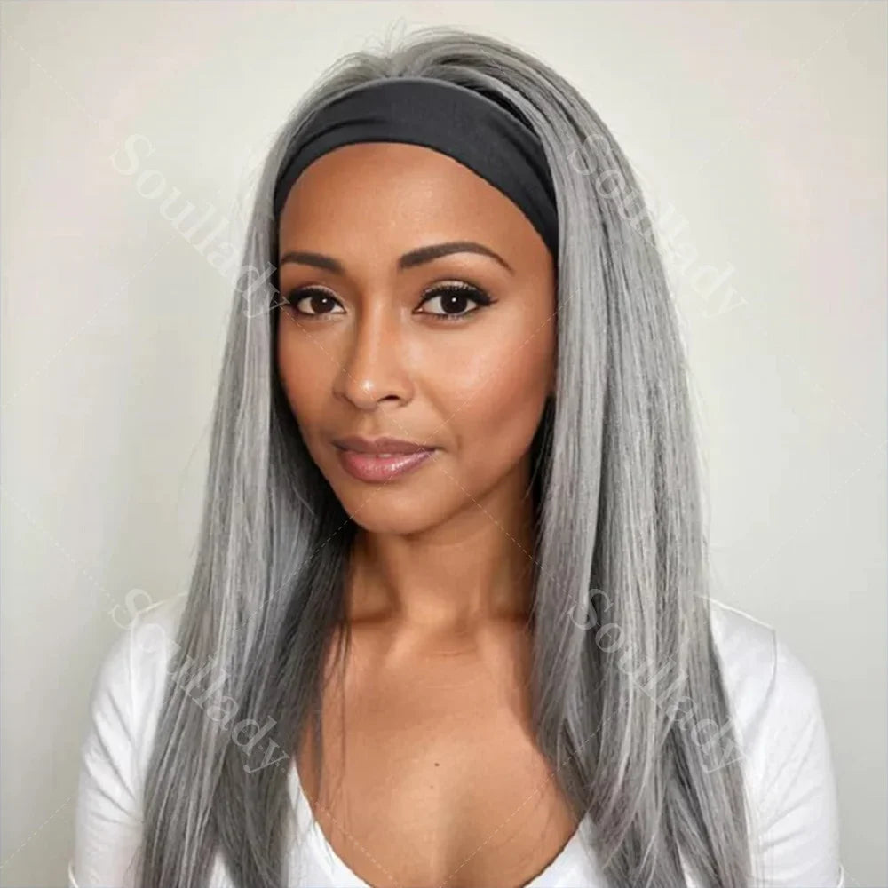 Human Hair Bone Straight Headband Wig, Salt & Pepper, Glueless