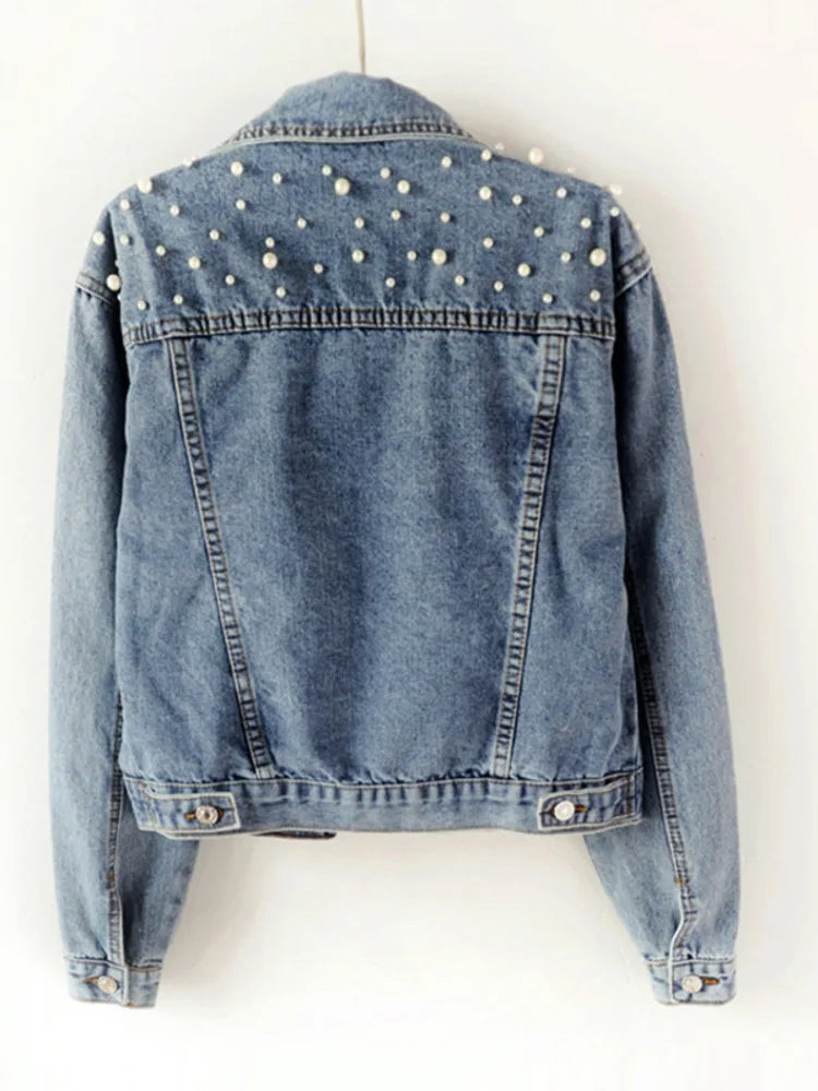 Denim Full Sleeve Button-down Jacket with Pearl Details