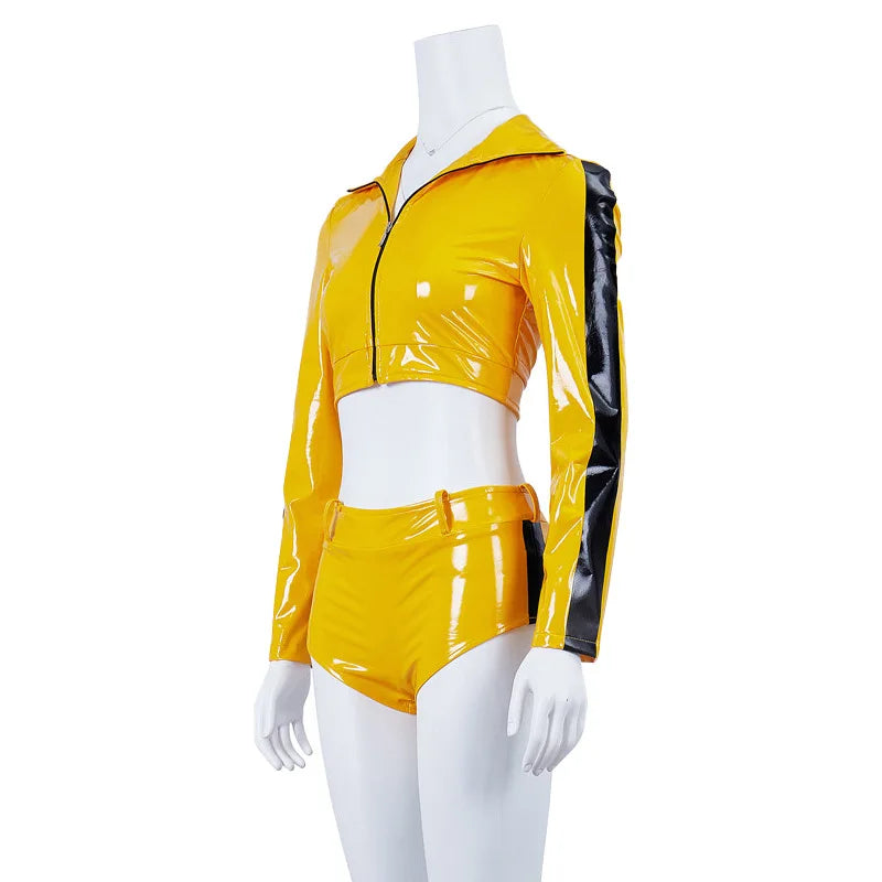 Movie Kill Bill Cosplay Costume Yellow Sexy Top Shorts The Bride Beatrix Kiddo Cosplay Tight Navel Exposed Leather Jacket Women
