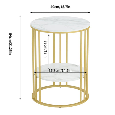 Round Marble Accent End Table, 2-Tier Storage with Gold Metal Frame