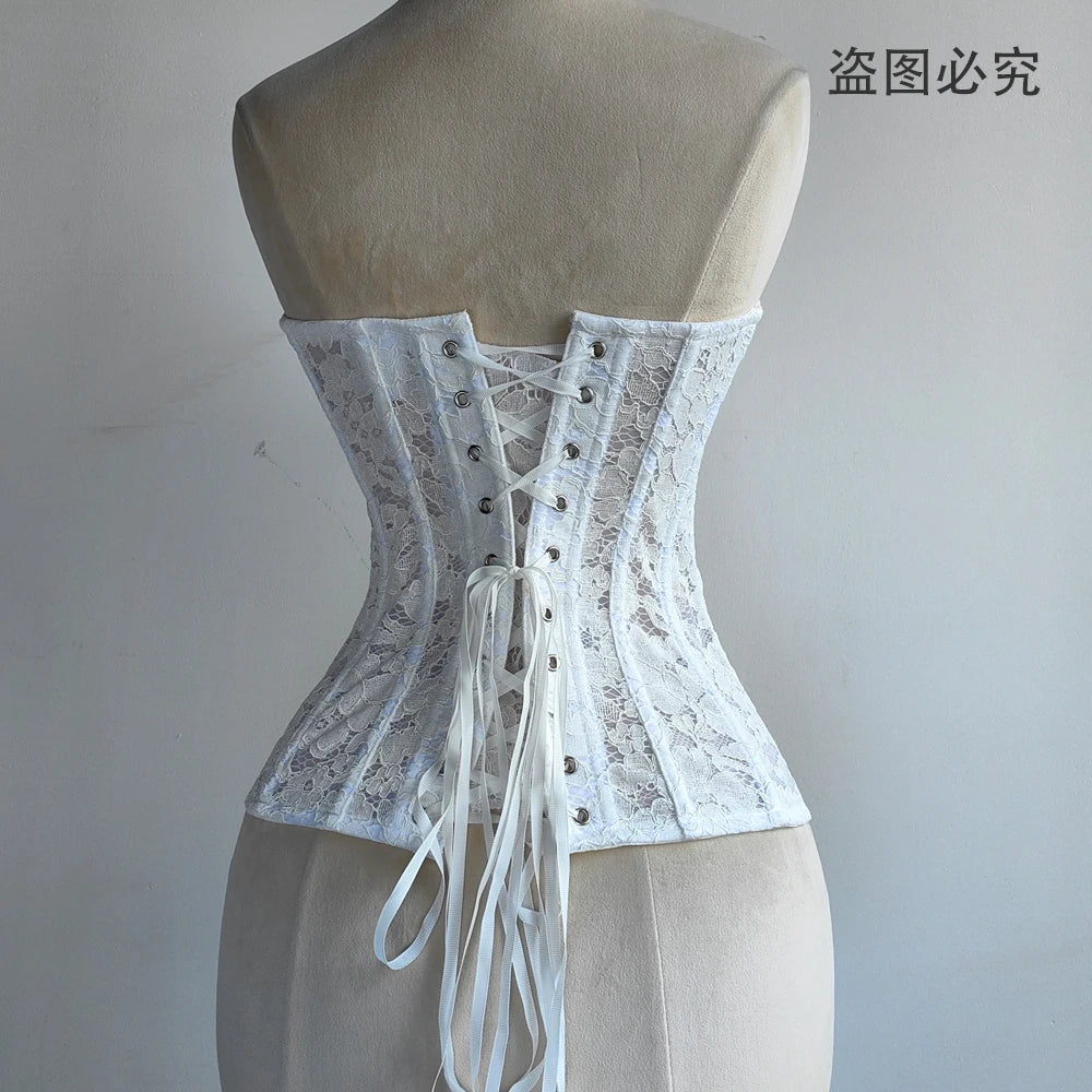 Women Lace Corset Bustier Overbust Luxury Bodice For Wedding Steel Boned Strapless Lace Up Tube Tops Waist Trainer Evening Party