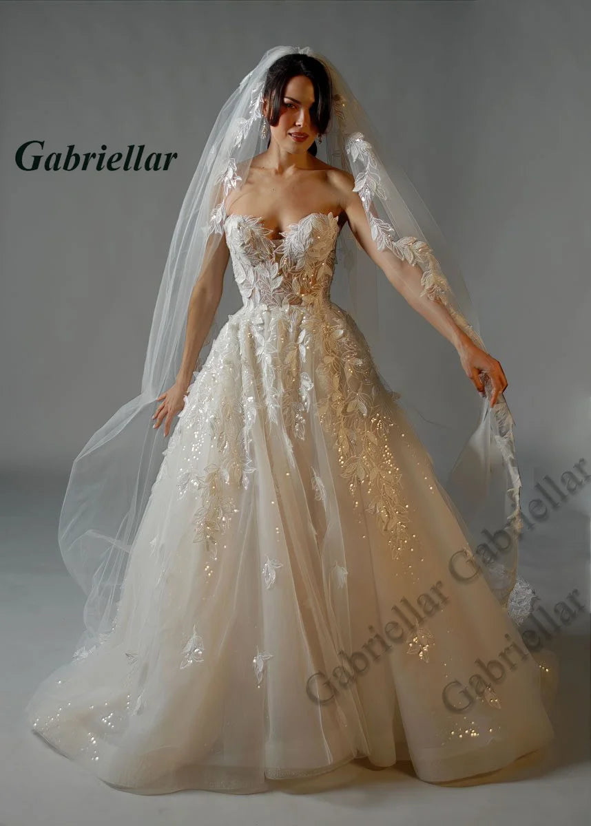 Gabriellar Glitter Strapless Wedding Dresses for Mariages Appliques Tulle A Line Sleeveless Sweep Train