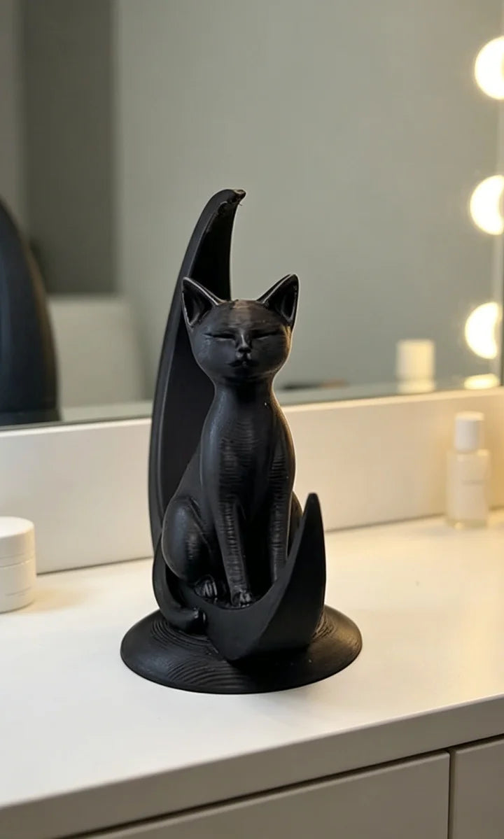 Mystical Feline Lunar Sculpture 3D Printing Plastic Fantasy Art Figure For Witchy Altar Gothic Room Accessory