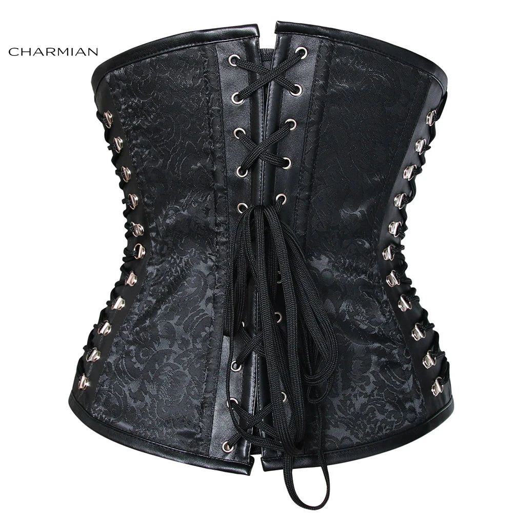 Charmian Steampunk Leather Corset Women's Vintage Plus Size Spiral Steel Boned PVC Corset Underbust Waist Trainer Goth Bustiers