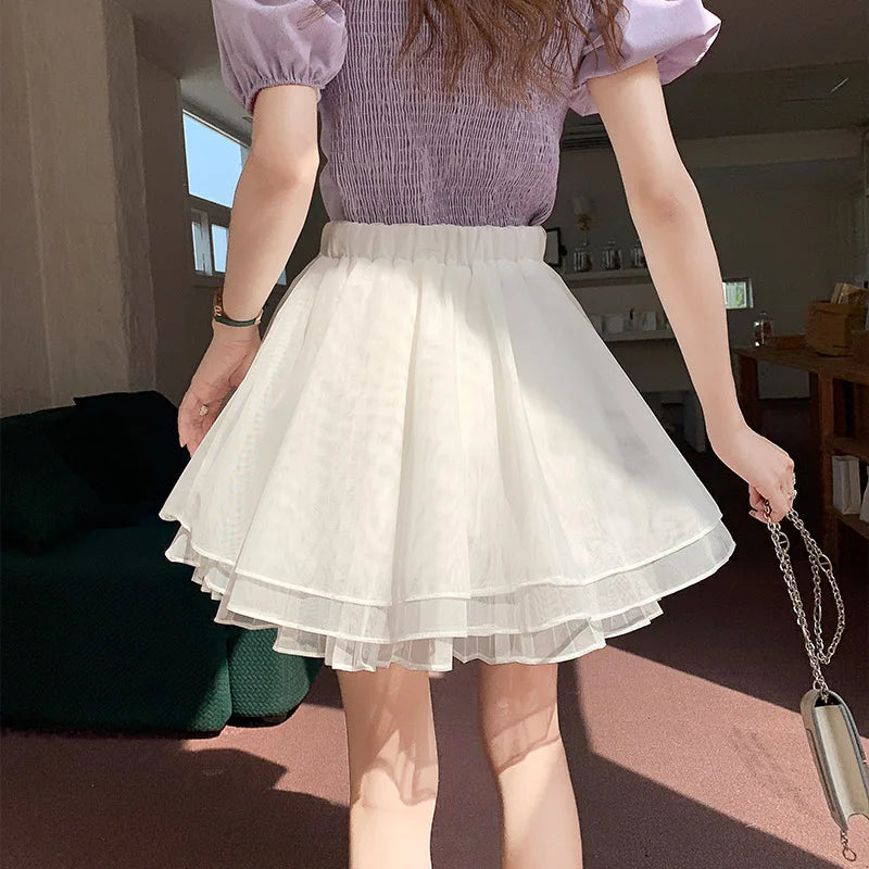 Korean Fashion Sweet Mini Skirts Women Lace Patchwork A-line Elastic High Waist Mesh Skirt with Shorts Faldas Ajustadas Dropship